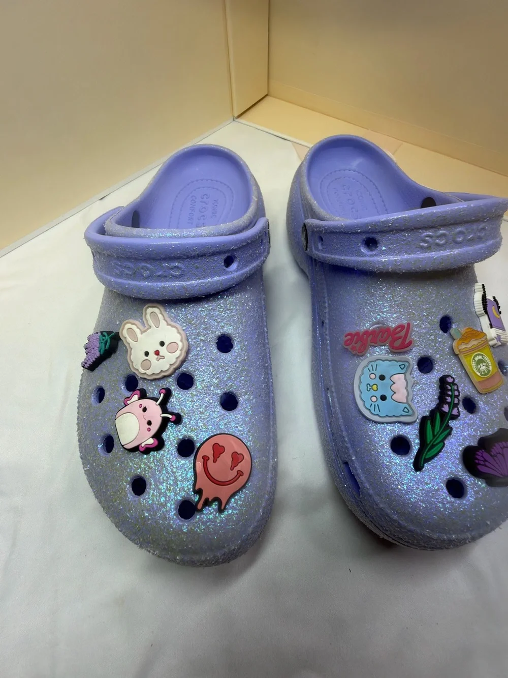 CROCS Glitter Platform Clogs in Lavender with Jibbitz